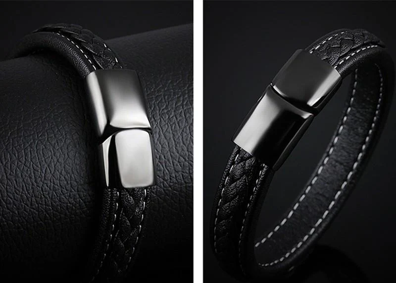 SAMU - Stainless Steel Magnetic Clasps Black Leather Bracelet - Image 7