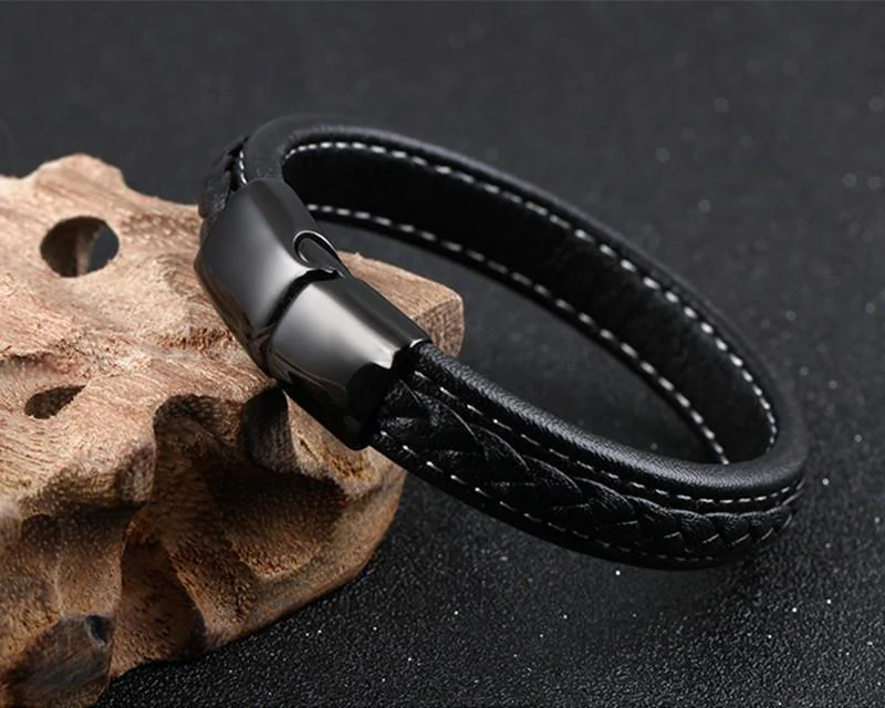 SAMU - Stainless Steel Magnetic Clasps Black Leather Bracelet - Image 8