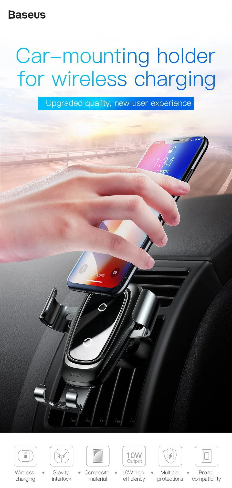 Baseus™ Gravity Auto-lock Car Mount With 10W Wireless QI Charger - Image 6